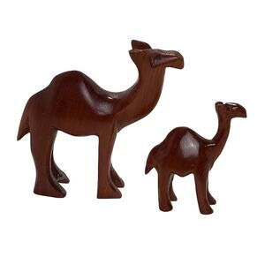 Hand Carved Wooden Camels Set Of 2 Very Good Condition 3.5 And 2.25 Inches Tall